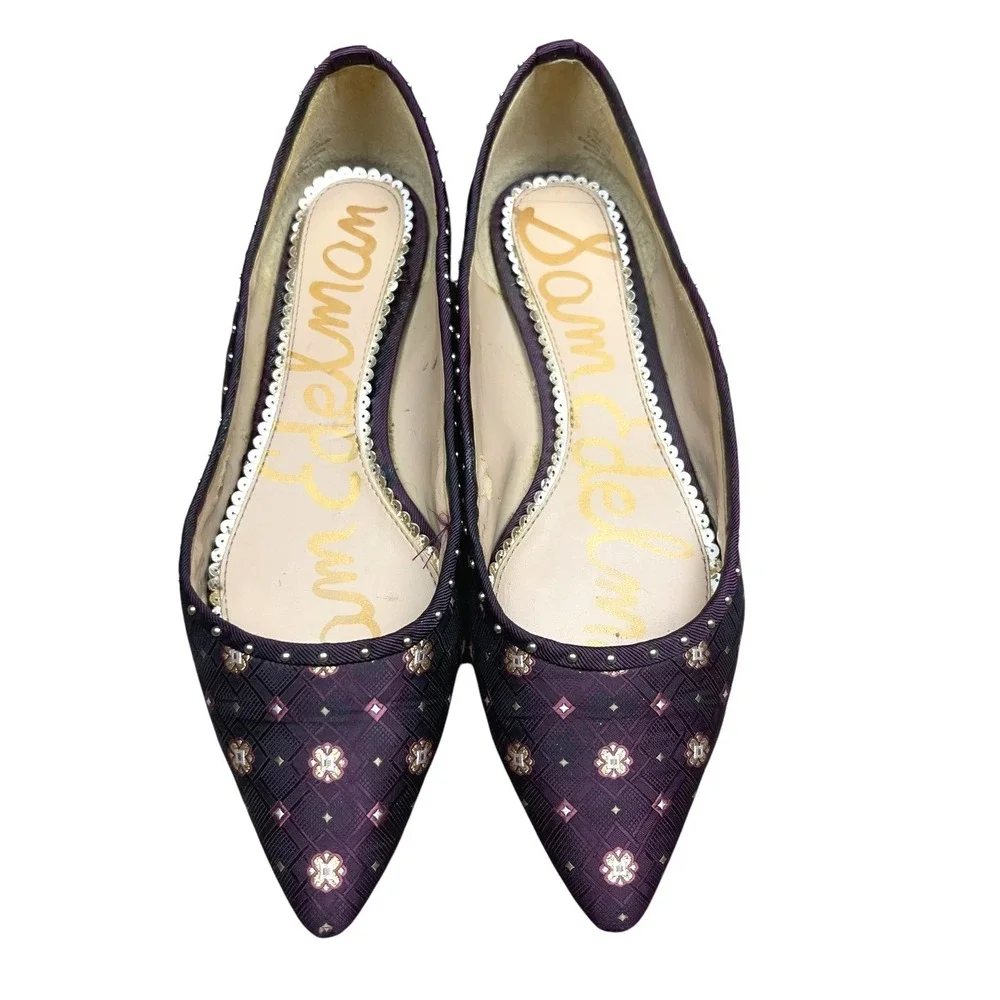 Sam Edelman Women Purple Pointed Toe Flats Size 6.5 Jacquard Studded Floral - Picture 7 of 13